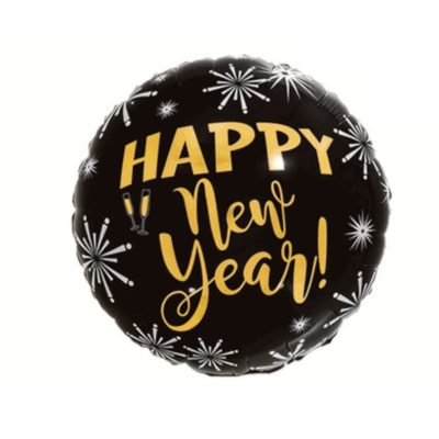Черный фольгированный шар 45см с надписью «Happy New Year»