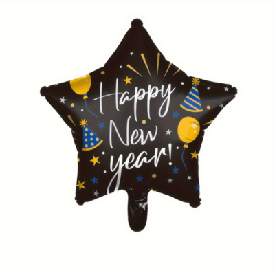 Черный фольгированный шар 45см в форме звезды с надписью "Happy New Year"